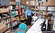 Very cute brunette teen shoplifter fucks security guard with blowjob for freedom in reality