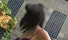 brazilian shemale babe tugs on her hard cock solo