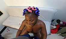 Feeling so naughty, this girl with soft curlers teases her big tits and perfect sucking lips.