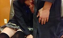 Uniform cosplay with miniskirt high school girl in playful interactions and foreplay.