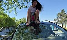 Crazy Girl Pee On The Roof Of The Car To Clean The Windshield