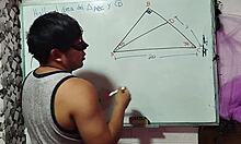 student nerd solves x in sexual math triangle with teacher