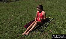 slim teen oils up and climaxes outdoors