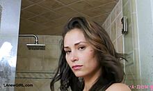 elegant tall brunette took a shower after the interview