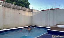 Caught my hot neighbor playing with sex machine in her backyard