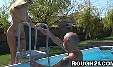 while she chills outside, tender teen 18+ lulu love admires old guy bruno exercising and swimming