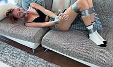 bound and teased on the countertop, moaning with pleasure