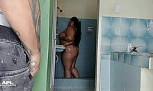 She enjoys a nice bath while her stepbrother peeks through the door