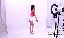 Tiny brunette teen model arrives for casting, gets massaged and fucked by interviewer on sofa