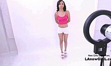 Tiny brunette teen model arrives for casting, gets massaged and fucked by interviewer on sofa