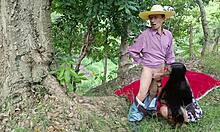 Busty stepmother perverted slut has sex in the countryside outdoors with her stepson - what a tasty blowjob