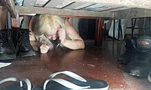 Blonde hottie gets stuck under bed