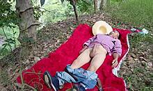 Busty stepmother perverted slut has sex in the countryside outdoors with her stepson - what a tasty blowjob