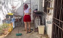 Stepdaughter's Irresistible Ass in Skirt Cleaning Patio