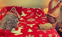 granny carmen claus sucks cock deepthroat style in classic christmas costume, licking and kissing the hard shaft like a devoted concubine.