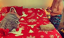 granny carmen claus sucks cock deepthroat style in classic christmas costume, licking and kissing the hard shaft like a devoted concubine.