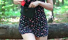 horny teen slips butt plug in and flashes her hairy pussy at the public park