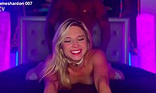 Hot blonde begs for creampie from her muscular lover in passionate session.