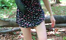 horny teen slips butt plug in and flashes her hairy pussy at the public park