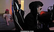 Stepsis sucks and fucks stepbrother's dick during his game.