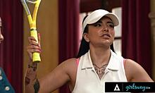 ROMI RAIN TEACHES KIMMY KIMM LESBIAN TENNIS LESSONS WITH TITS AND ASS!