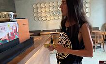 Crazy cumwalk in starbucks - blowjob in public toilet drinking coffee with sperm