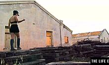 Adventurous beauty masturbates in abandoned railroad car with toys and fingering