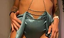 Tattooed brunette masturbates with dildo and squirts