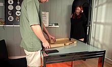 Redhead delivery girl steals my pizza and gets roughly fucked as punishment with moaning