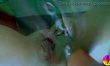 Single brazilian milf aggressively putting sex toy in her big tits anal