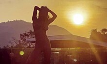 monika fox gives a blowjob, rims, and gets a golden shower in the pool against the sunset, all free and wild.