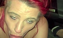 Redhead streetwalker gets completely naked to suck dick in the backseat of a truck - lets guy cum in her whore mouth