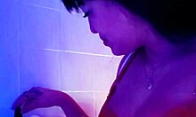 little 18+ angel with brunette hair and small waist squirts softly