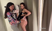 two horny teens are kissing and touching in the public locker room, feeling so sexy