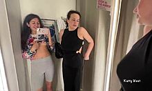 two horny teens are kissing and touching in the public locker room, feeling so sexy