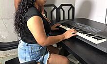curvy young 18+ woman in tight skirt during hot keyboard lessons flashing