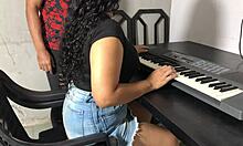 curvy young 18+ woman in tight skirt during hot keyboard lessons flashing