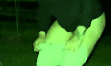 Outdoor flashing and teasing wet pussy with big dick by campfire