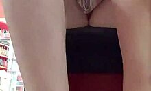 after workout, stepsister tries shoes in store, showing dirty feet and panties