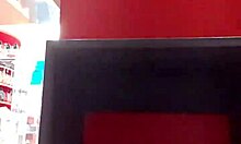 after workout, stepsister tries shoes in store, showing dirty feet and panties