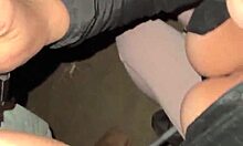 Outdoor flashing and teasing wet pussy with big dick by campfire