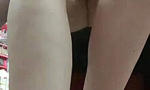 after workout, stepsister tries shoes in store, showing dirty feet and panties