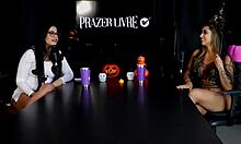 Morena safada shows off her blowjob skills, strips naked to flash tits and pussy, admits she loves touching herself during sex with her couple fairy pleasures in sheer red hallow