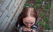 real fast risky blowjob behind garages cummed mouth full and made her swallow