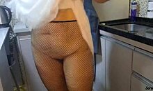 I caught my mother-in-law preparing dinner naked in the kitchen, her mature body craving a hard fuck.