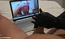 In this preview, a MILF gives a handjob, jerking off a big cock until he cums on her gloves - POV