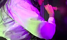 Brunette with big ass gets two dicks in glory hole