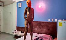 My brunette stepsister tells me she wants to celebrate halloween in a hotel bed she put on a mask and shakes her body and hips very sexy finally she getts naked for me 😈