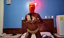 My brunette stepsister tells me she wants to celebrate halloween in a hotel bed she put on a mask and shakes her body and hips very sexy finally she getts naked for me 😈