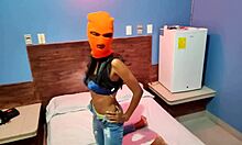 My brunette stepsister tells me she wants to celebrate halloween in a hotel bed she put on a mask and shakes her body and hips very sexy finally she getts naked for me 😈